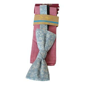 ORIGINAL PENGUIN Blue Floral Pre-Tied Bow Tie Gingham Cotton Pocket Square Set